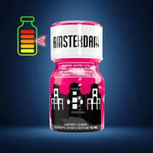 Amsterdam leather cleaner bottle in bright pink with white cap and city skyline design, displayed on dark blue background.