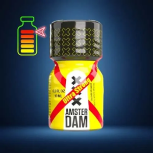 Amsterdam XXX Ultra Strong 10 ml bottle with bold yellow-black label, red accents, and battery icon suggesting high potency