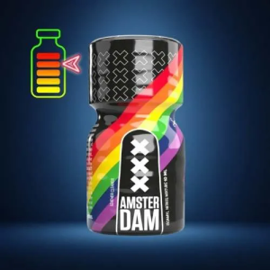 Amsterdam leather cleaner bottle with rainbow stripe design and black label, displayed on dark blue background.